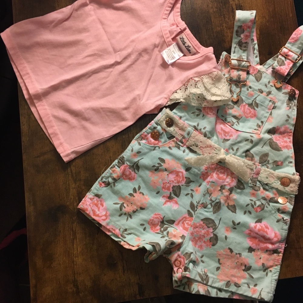 24M Floral overalls laced flutter sleeve top/belt